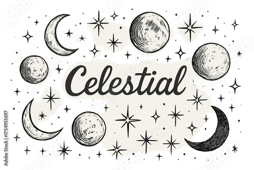 Celestial Map Design. Hand-drawn celestial map with moons, stars, and sparkles, center word “Celestial” in black and white
