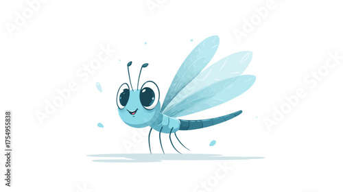 Cartoon dragonfly with big eyes stands on a white background with shadow and water drops