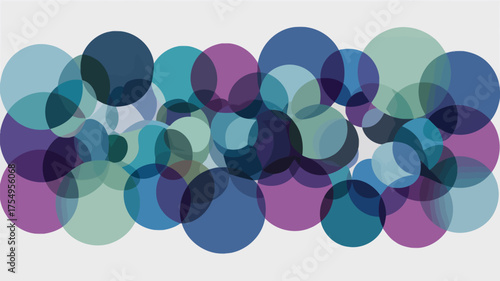 Overlapping translucent circles in shades of blue green and purple on a white background create pattern
