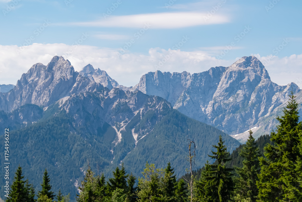 Obraz premium Majestic Julian Alps peaks, including Mangart and Jalovec, tower in the distance on a clear summer day. Stunning mountain landscape is viewed from the Dreiländereck, the tri-border of three countries.