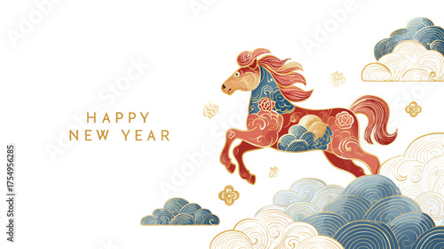 Ornamental horse leaps among swirling clouds, with "Happy New Year" text