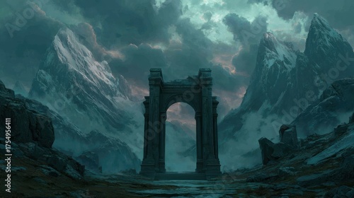 Ancient stone archway amidst majestic mountains under dramatic cloudy sky