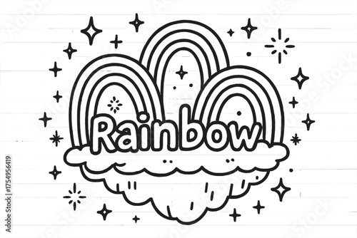 Floating Island Doodle. Doodle floating island with rainbow bridges, stars, and sparkles, center word “Rainbow” in black and white