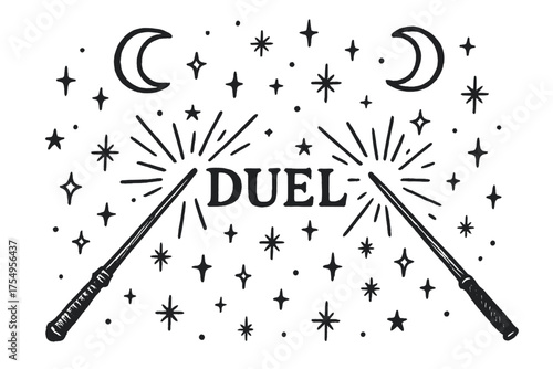 Magical Duel Art. Hand-drawn magical duel with moons, wands, and sparkles, center word “Duel” in black and white isolated