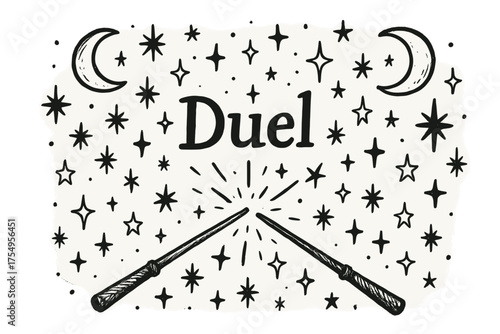 Magical Duel Art. Hand-drawn magical duel with moons, wands, and sparkles, center word “Duel” in black and white isolated