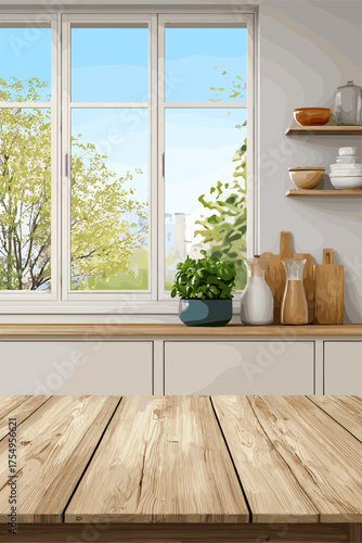 Bright and Cozy Kitchen Interior with View of Greenery