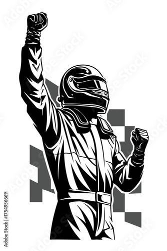 Celebrating Racing Driver in Victory Pose with Helmet and Racing Outfit