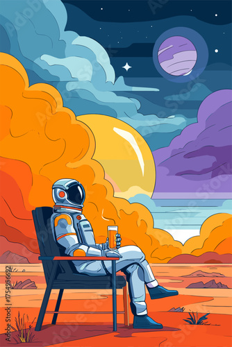 Astronaut Relaxing in a Cosmic Landscape with Beverages