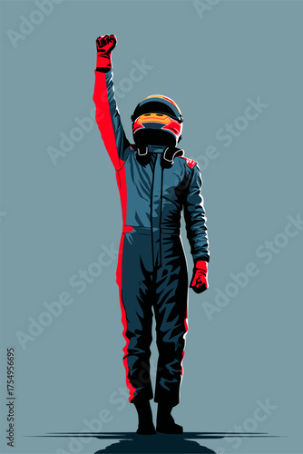Stylized Race Car Driver Raising Fist in Victory Gesture