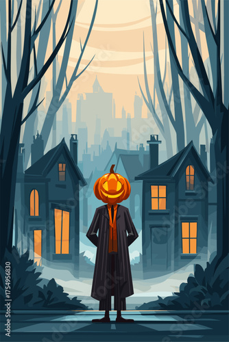 Spooky Halloween Scene with a Pumpkin-Headed Figure in a Dark Forest