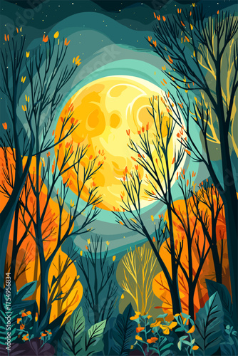 Enchanting Autumn Forest with Full Moon and Vibrant Foliage