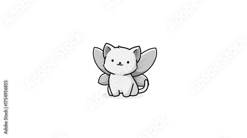 Cartoon cat-fairy with wings sits centered in a simple, minimalist design on white