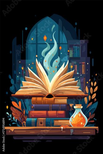 Mystical Open Book with Potion and Shelves in Fantasy Library Setting