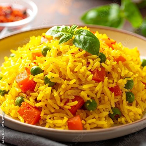 Plate of colorful, fluffy rice with veggies and fresh herb garnish