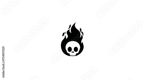 Silhouette of skull encircled by flames on a white background