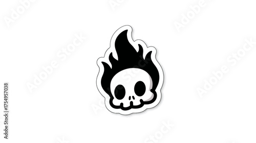 Cartoon skull with black flame-like hair, white outline, on a white background