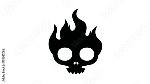 Black silhouette of a skull with flames atop it, against a white background