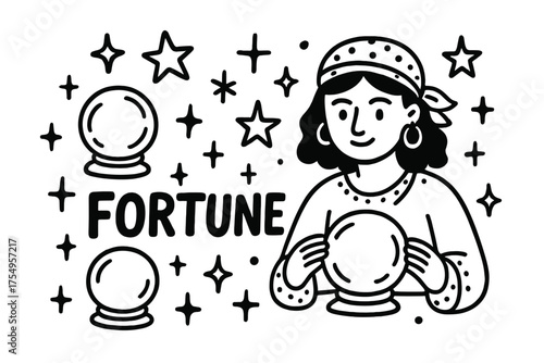 Mystical Fortune Teller. Doodle fortune teller with stars, crystal balls, and sparkles, center word “Fortune” in black and white