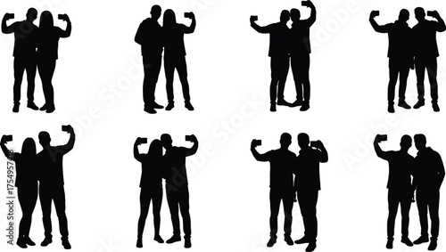 Silhouette people taking selfies, group smartphone photography, modern digital lifestyle, social media sharing, mobile technology, human interaction