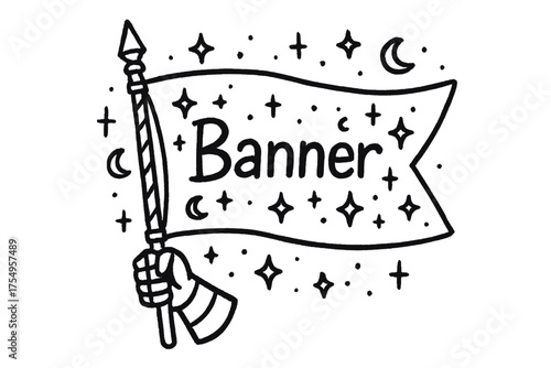 Celestial Knight Banner. Doodle knight flag with stars, sparkles, and moons, center word “Banner” in black and white isolated
