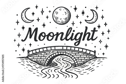 Moonlight Bridge Art. Hand-drawn moonlight bridge with moons, sparkles, and rivers, center word “Moonlight” in black and white