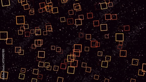 Bright squares float and swirl in a mesmerizing cosmic display against a dark backdrop.