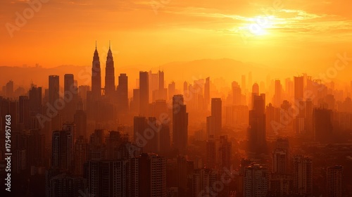 City skyline silhouette at sunset with warm orange hues and sun