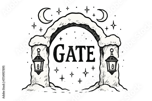 Snow Gate Illustration. Hand-drawn snow gates with moons, sparkles, and lanterns, center word “Gate” in black and white isolated