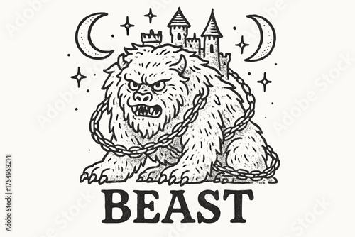 Snow Beast Guarding Castle. Hand-drawn snow beast guarding castle with moons, sparkles, and chains, center word “Beast” in black