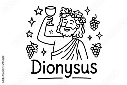 Dionysus Doodle Art. Doodle dionysus with stars, grapes, and sparkles, center word “Dionysus” in black and white isolated