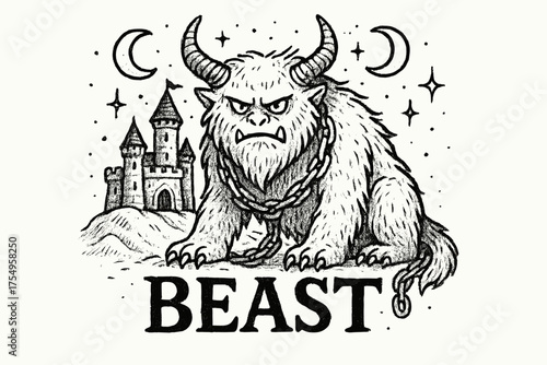 Snow Beast Guarding Castle. Hand-drawn snow beast guarding castle with moons, sparkles, and chains, center word “Beast” in black