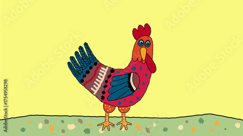 This charming hand-drawn sketch depicts a rooster in a whimsical, childish style. The simple lines and playful, naive look of the drawing convey the innocence and creativity of childhood.
