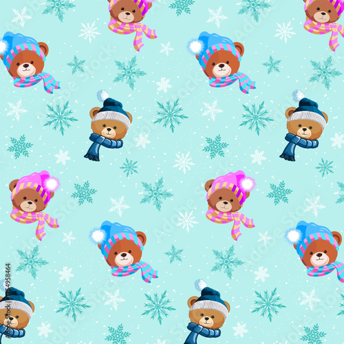 Bears in winter clothes on a colored background.Vector seamless pattern with bear heads in knitted hats and scarves on a blue background with snow and snowflakes.