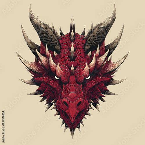 Digital art shows detailed, symmetrical, pixelated red dragon head with horns against tan