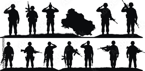 Military tribute, soldier silhouettes, national honor, armed forces, saluting troops, war memorial, patriotic respect, rifle salute, remembrance ceremony, veterans day