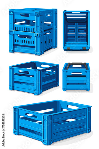 Collection of Blue Plastic Storage Crates in Various Positions and Views