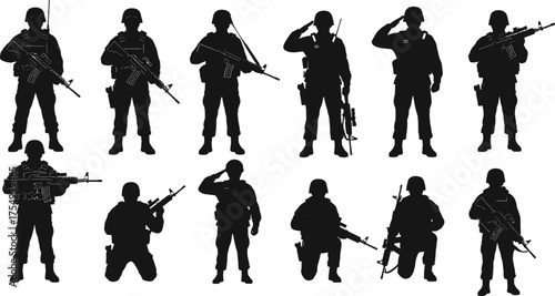 Military soldier silhouettes, armed forces, tactical poses, rifle holding, combat gear, army men, war stance, black figures, defense illustration, weapon ready