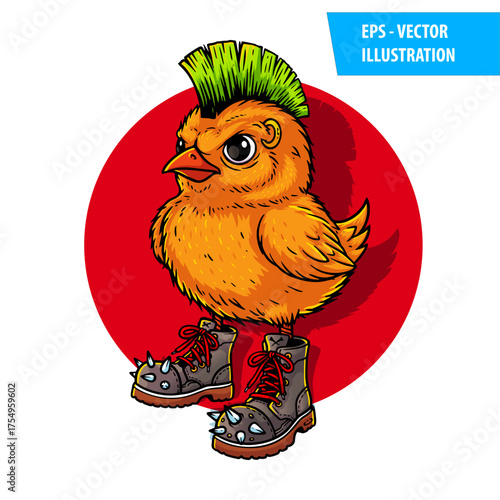 Edgy punk chick with mohawk and spiked boots. Fun vector mascot for streetwear branding, stickers, T-shirts, and modern digital illustration.