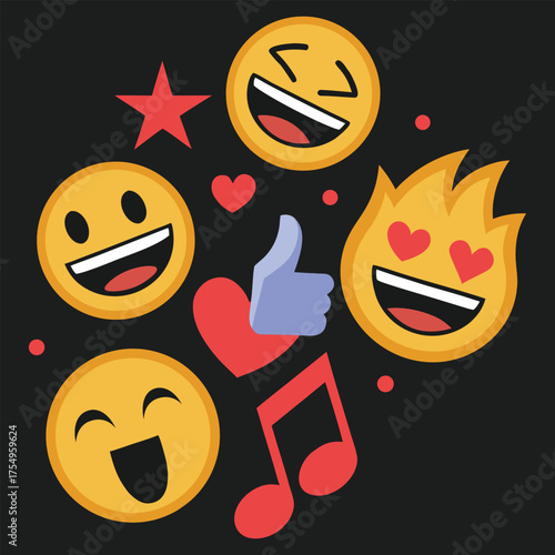Vibrant emoji faces with hearts, fire, thumbs up, and music notes on a dark background showing joy and excitement. Perfect for social media, chat design, or digital stickers. Fun emotional reaction ar