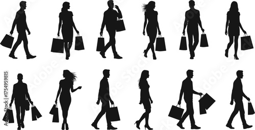 Shopping silhouettes, black figures, walking people, retail concept, consumer lifestyle, urban shoppers, carrying bags, commercial activity, fashion, marketing, commerce, mall visitor