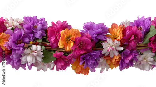 Colorful Flower Garland Isolated on White Background, Vibrant Floral Border with Fresh Multicolor Flowers, Decorative Flower Arrangement for Wedding and Festival Design