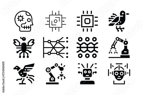 Collection of stylized icons representing artificial intelligence and robotics concepts