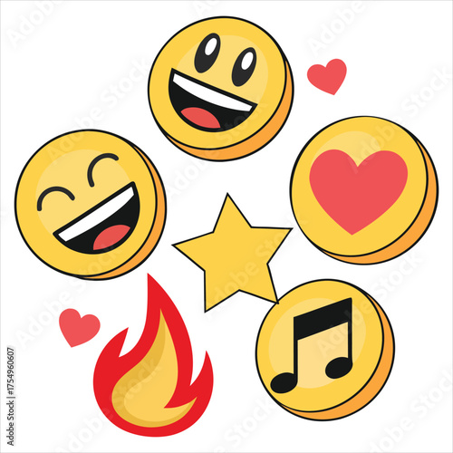 Colorful emoji icons with happy faces, heart, music note, fire, and star symbols expressing fun emotions. Perfect for chat, social media, and digital sticker design. Cute joyful emoticon illustration 