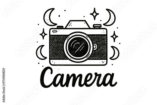 Celestial Camera Design. Hand-drawn camera with moons, lenses, and sparkles, center word “Camera” in black and white isolated