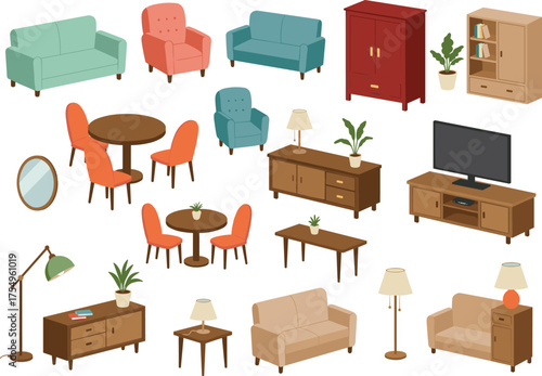 Isometric illustration of modern living room furniture set with sofas, chairs, tables, cabinets, plants, lamps, and home interior decoration