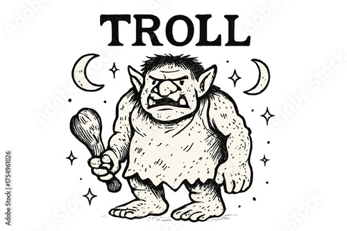 Troll with Clubs and Moons. Hand-drawn troll with moons, clubs, and sparkles, center word “Troll” in black and white isolated