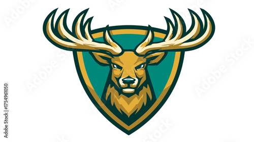 Illustrated fierce deer head with antlers, emblem-style, on teal and gold shield backdrop