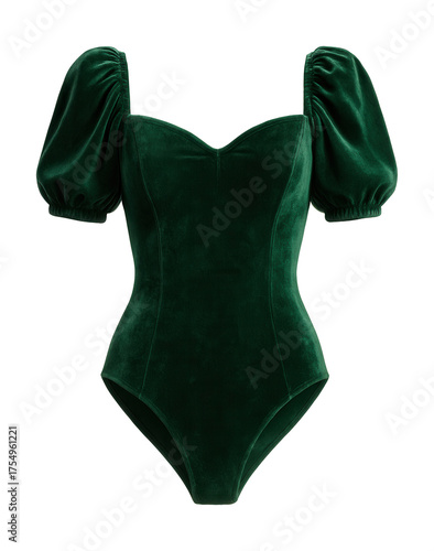 Emerald green velvet bodysuit featuring a sweetheart neckline and puff sleeves.