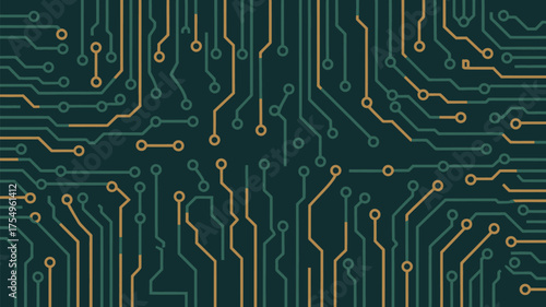 An illustration of a circuit board with gold and teal lines on a dark teal background pattern design