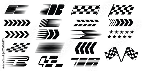 Racing Stripe and Cars Vector Set Including Checkered Flags, Finish Line Graphics, Dynamic Lines, Motorsport Elements, Automotive Competition Themes, and Motocross Labels Perfect for Speed-Themed Desi